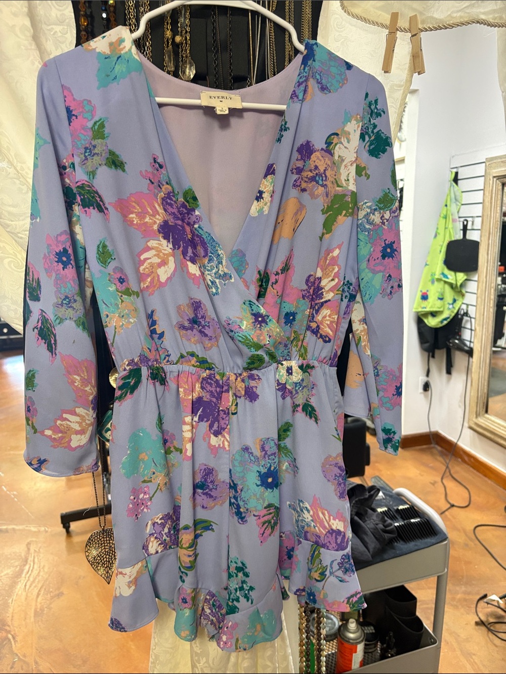 Everly Lilac Floral Wrap Romper with Multicolor Accents